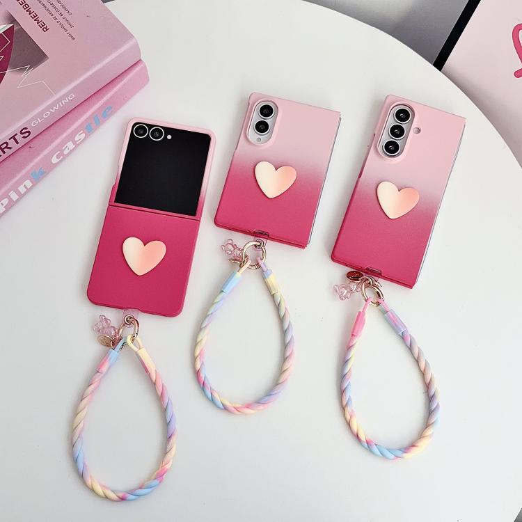 For Galaxy Z Flip8 5G Skin Feel Gradient Rose Pink DIY Heart Shaped Phone Case with Wrist Strap