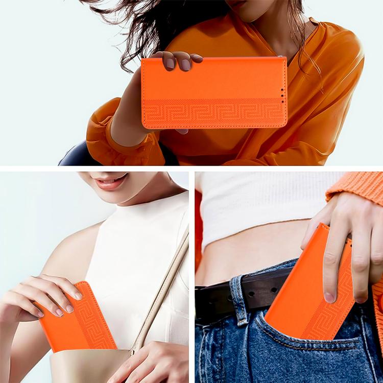 For Realme C100 4G / C100x / C100i Embossed Meander Pattern RFID Vegan Leather Phone Case(Orange)