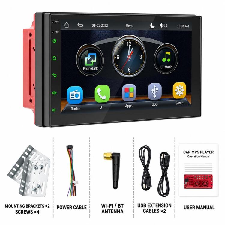 7 inch IPS Double-DIN Car MP5 Player Wireless CarPlay/Android Auto Bluetooth HD Display(Black Red)