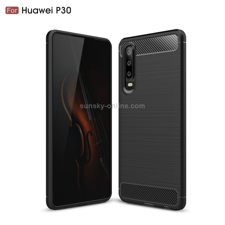 Carcasa de TPU a prueba de golpes de fibra de carbono con textura cepillada  para Huawei P30 (negro)