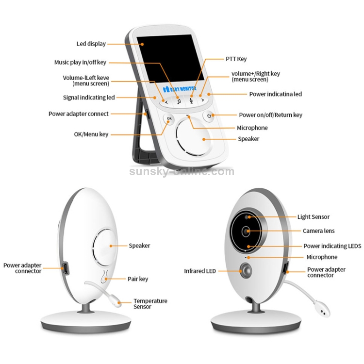 VB605 2.4 pulgadas LCD 2.4GHz Cámara de vigilancia inalámbrica Monitor de bebé, Soporte de conversación bidireccional, Visión nocturna (Blanco) - 3