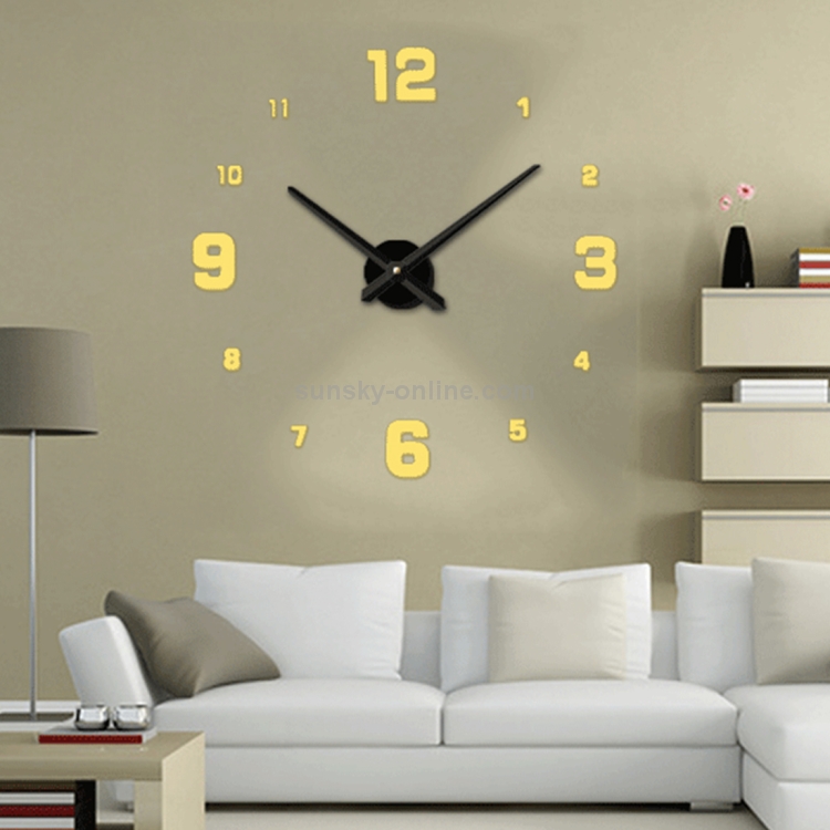 Camera da letto Decorazione della casa Numero a specchio Senza cornice Grande  adesivo da parete 3D fai da te Orologio muto, Dimensioni: 100 * 100 cm (Oro)