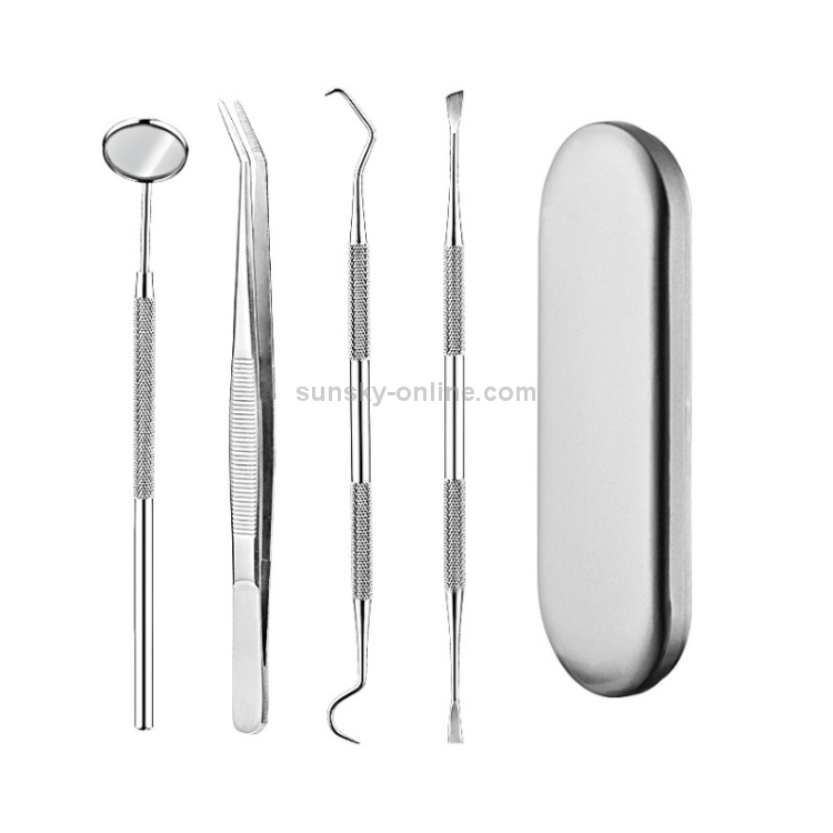 Set di strumenti dentali 4 in 1 (sonda in acciaio inossidabile + dentista a  forma di zappa + pinzette dentali + specchietto per la bocca)