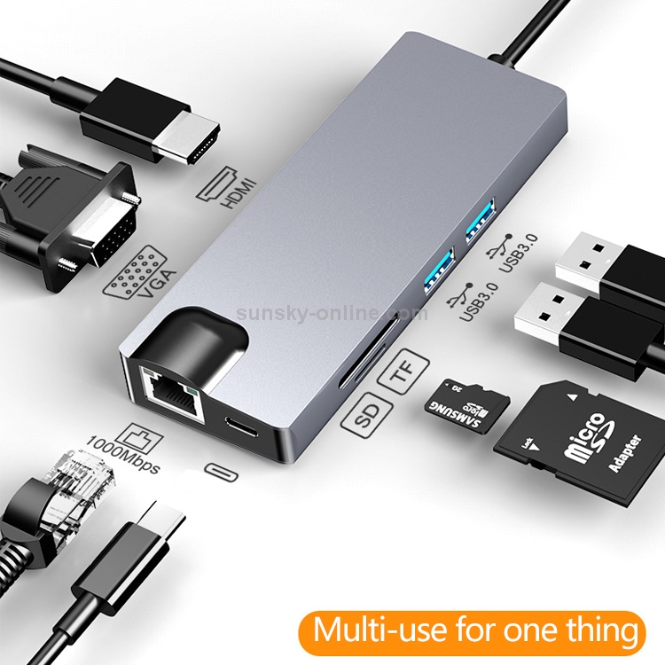 HW-TC12 8 en 1 Tipo-C / USB-C Adaptador de HUB de extensión multifuncional Lector de tarjetas de concentrador HDMI / Vga + Tarjeta de red - 4