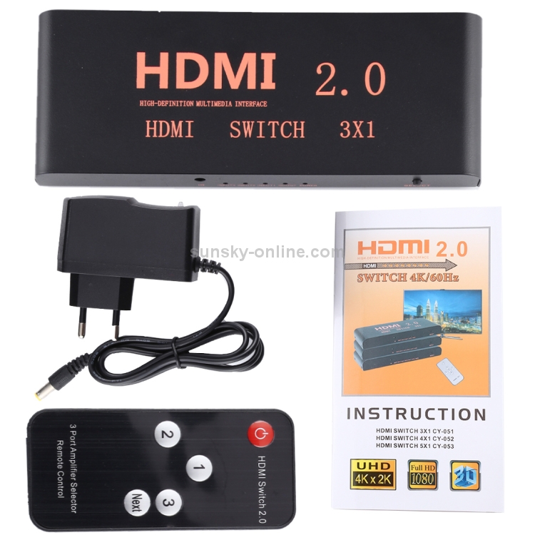 Interruptor HDMI 2.0 3X1 4K / 60Hz con control remoto, enchufe de la UE - 7