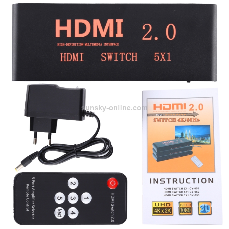 Interruptor HDMI 2.0 5X1 4K / 60Hz con control remoto, enchufe de la UE - 7