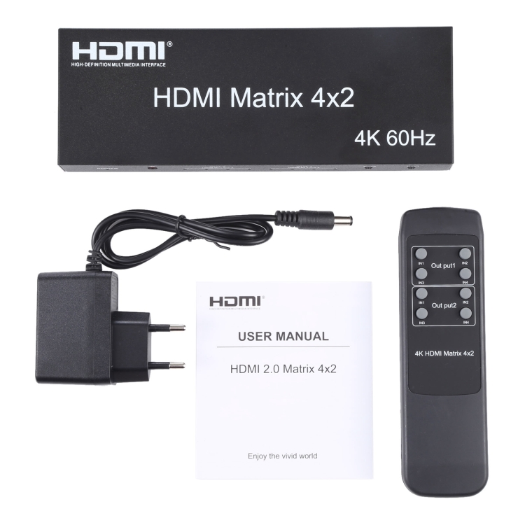HDMI 4x2 conmutador / divisor de matriz con controlador remoto, soporte ARC / MHL / 4KX2K / 3D, 4 puertos Entrada HDMI, 2 puertos HDMI Salida - 4
