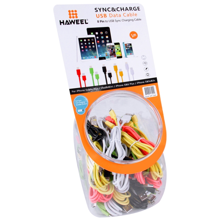 35 PCS Mixed Colors HAWEEL 1m High Speed 35 Cores 8 pin to USB Sync Charging Cable Kit with Candy Cans Package 35 PCS Mixed Colors HAWEEL 1m High Speed 35 Cores 8 pin to USB Sync Charging Cable Kit with Candy Cans Package