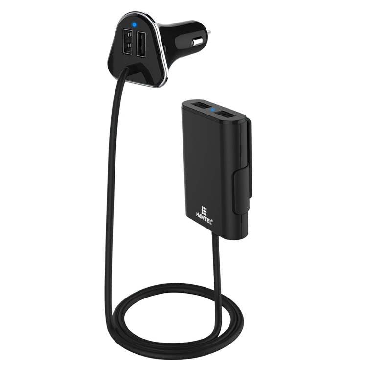 [US Warehouse] HAWEEL 1.8m 9.6A Max 4 Ports USB Passenger Car Charger with Extending USB HUB for Front & Back Seat Charging