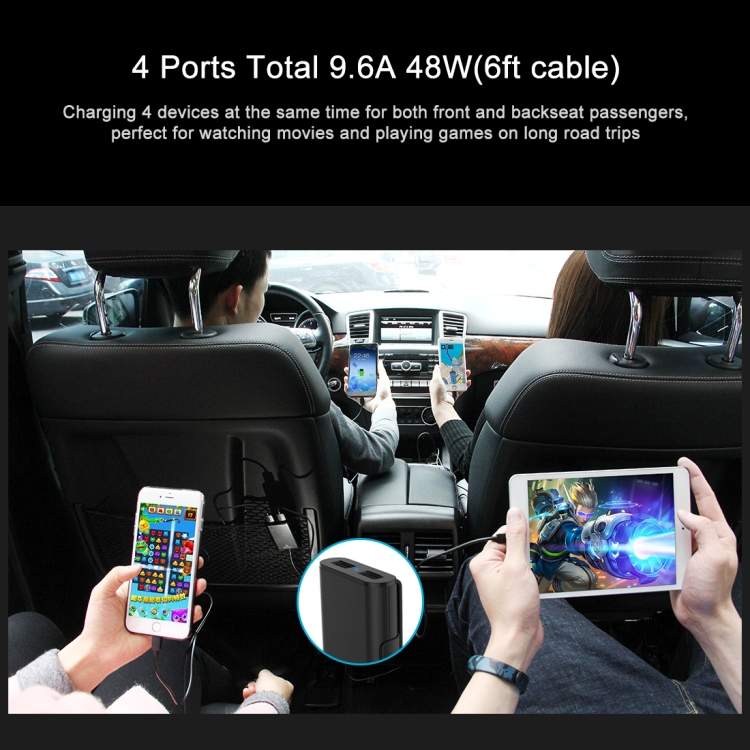 [US Warehouse] HAWEEL 1.8m 9.6A Max 4 Ports USB Passenger Car Charger with Extending USB HUB for Front & Back Seat Charging