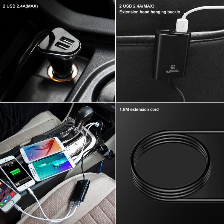 [US Warehouse] HAWEEL 1.8m 9.6A Max 4 Ports USB Passenger Car Charger with Extending USB HUB for Front & Back Seat Charging
