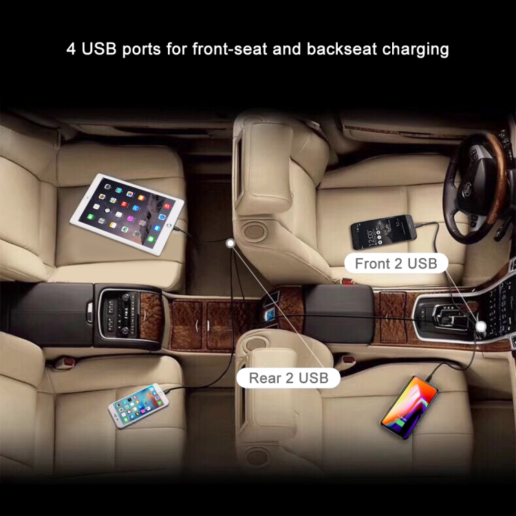 [US Warehouse] HAWEEL 1.8m 9.6A Max 4 Ports USB Passenger Car Charger with Extending USB HUB for Front & Back Seat Charging