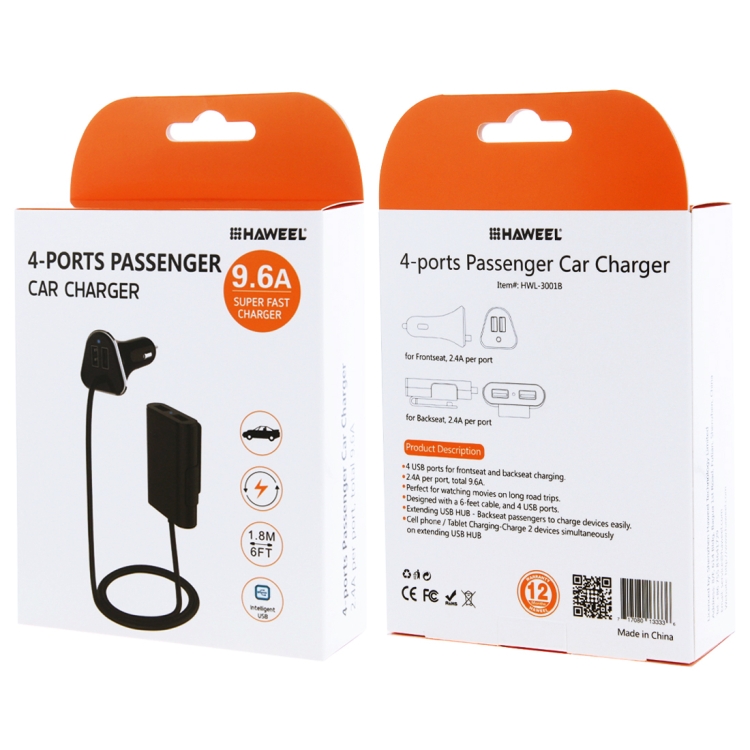 [US Warehouse] HAWEEL 1.8m 9.6A Max 4 Ports USB Passenger Car Charger with Extending USB HUB for Front & Back Seat Charging