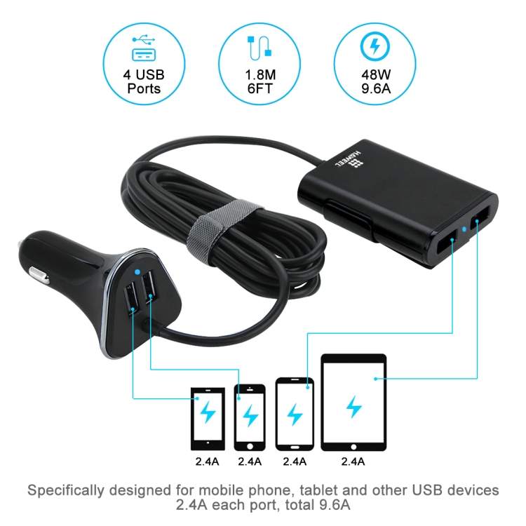 [US Warehouse] HAWEEL 1.8m 9.6A Max 4 Ports USB Passenger Car Charger with Extending USB HUB for Front & Back Seat Charging
