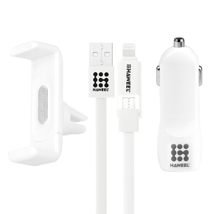 [UK Warehouse] HAWEEL 3 in 1 Car Charger Kit (Dual Ports USB Car Charger + Air Vent Car Mount + 1m Micro USB & 8 Pin to USB Cable)