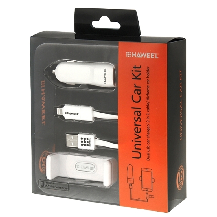 [UK Warehouse] HAWEEL 3 in 1 Car Charger Kit (Dual Ports USB Car Charger + Air Vent Car Mount + 1m Micro USB & 8 Pin to USB Cable)