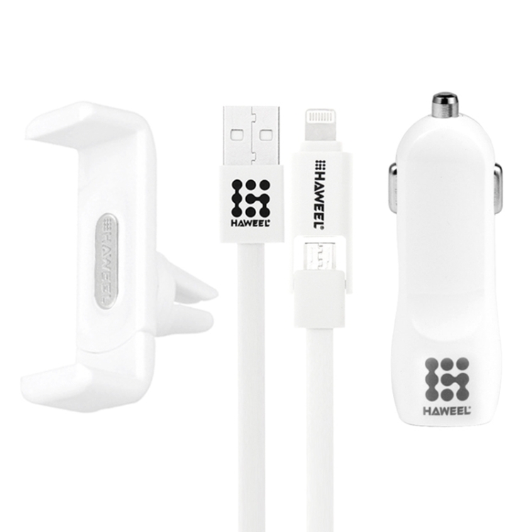 HAWEEL 3 in 1 Car Charger Kit (Dual Ports USB Car Charger + Air Vent Car Mount + 1m Micro USB & 8 Pin to USB Cable) HAWEEL 3 in 1 Car Charger Kit (Dual Ports USB Car Charger + Air Vent Car Mount + 1m Micro USB & 8 Pin to USB Cable)