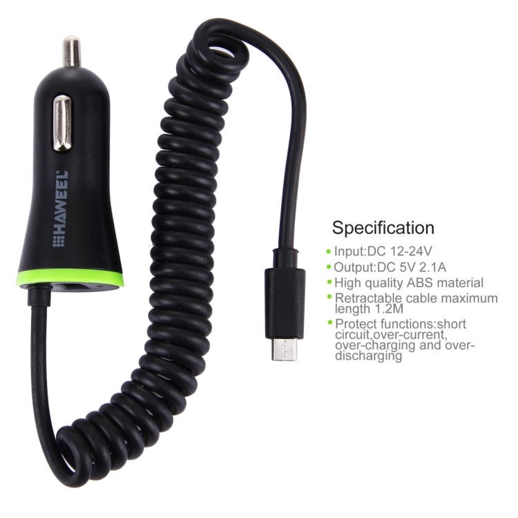 [UAE Warehouse] HAWEEL 5V 2.1A Micro USB Car Charger with Spring Cable, Length: 25cm-120cm
