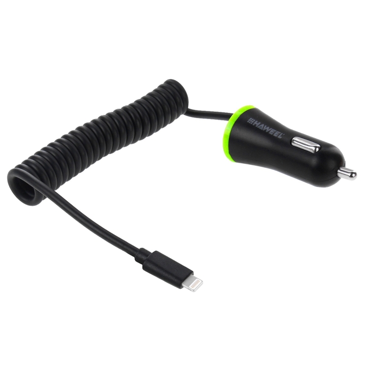 [US Warehouse] HAWEEL 5V 2.1A 8 pin USB Car Charger with Spring Cable, Length: 25cm-120cm