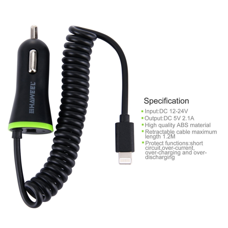 [US Warehouse] HAWEEL 5V 2.1A 8 pin USB Car Charger with Spring Cable, Length: 25cm-120cm