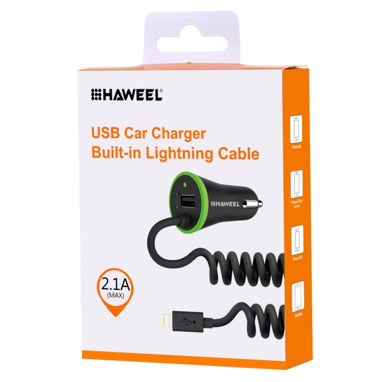[US Warehouse] HAWEEL 5V 2.1A 8 pin USB Car Charger with Spring Cable, Length: 25cm-120cm