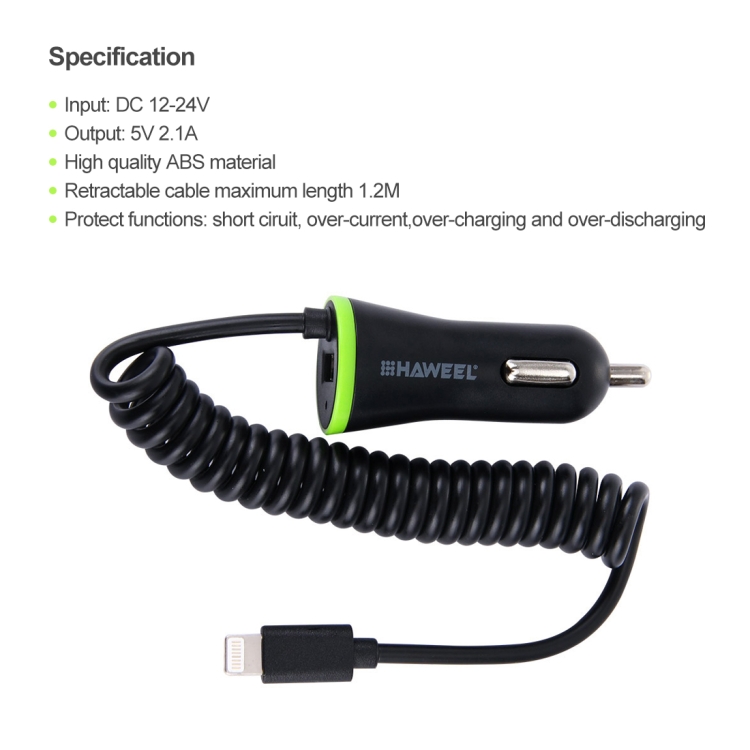 HAWEEL 5V 2.1A 8 pin USB Car Charger with Spring Cable, Length: 25cm-120cm HAWEEL 5V 2.1A 8 pin USB Car Charger with Spring Cable, Length: 25cm-120cm