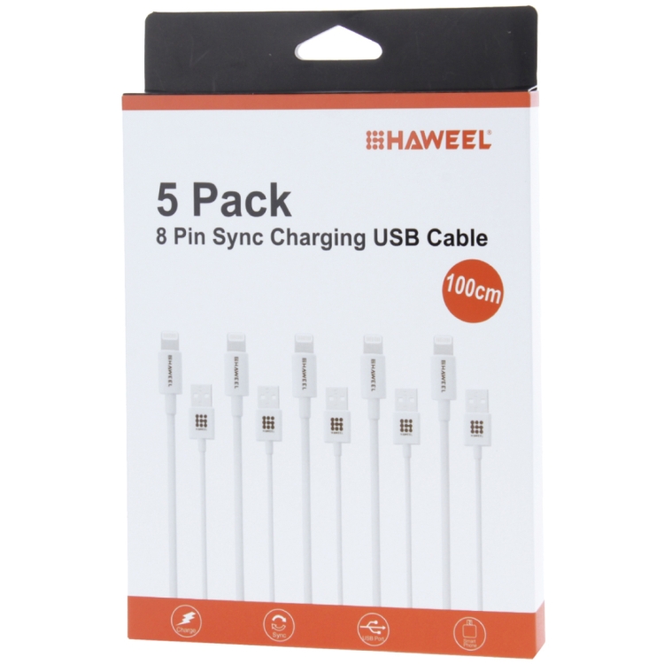 5 PCS HAWEEL 1m 8 Pin USB Data Sync Charging Cable Kits For iPhone X, iPhone 8, iPhone 7 & 7 Plus, iPhone 6 & 6s, iPhone 6 Plus & 6s Plus, iPhone 5 & 5s & 5C, iPad Air, iPad mini(White) 5 PCS HAWEEL 1m 8 Pin USB Data Sync Charging Cable Kits For iPhone X, iPhone 8, iPhone 7 & 7 Plus, iPhone 6 & 6s, iPhone 6 Plus & 6s Plus, iPhone 5 & 5s & 5C, iPad Air, iPad mini(White)
