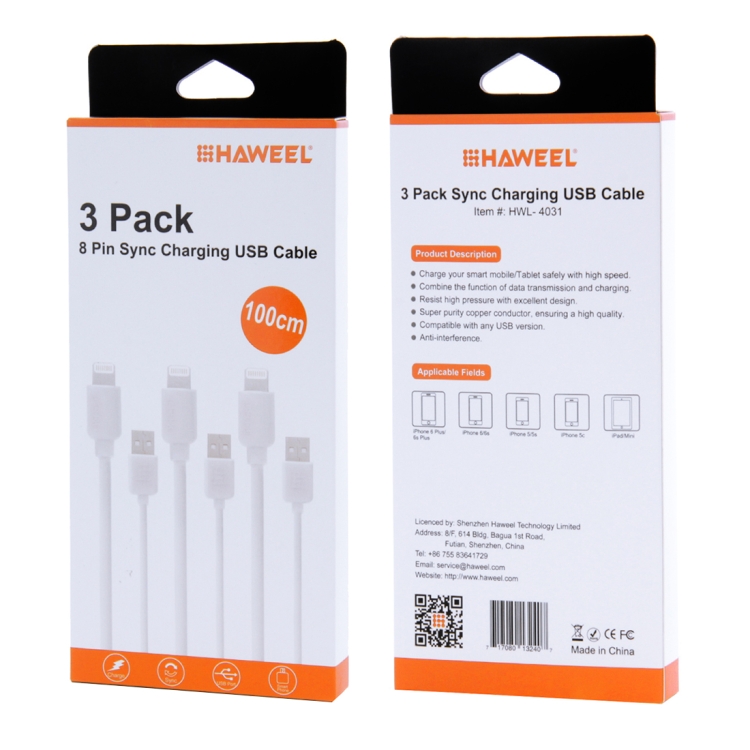 3 PCS HAWEEL 1m High Speed 8 pin to USB Sync and Charging Cable Kit for iPhone, iPad(White) 3 PCS HAWEEL 1m High Speed 8 pin to USB Sync and Charging Cable Kit for iPhone, iPad(White)