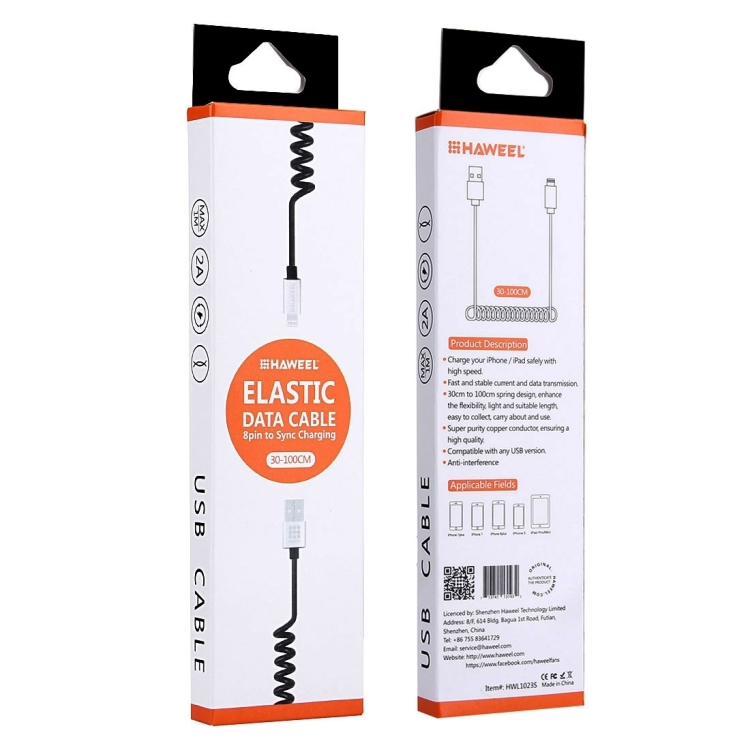 HAWEEL 2A 8 Pin to USB 2.0 Retractable Coiled Data Sync Charging Cable, Stretch Length: 30cm-100cm HAWEEL 2A 8 Pin to USB 2.0 Retractable Coiled Data Sync Charging Cable, Stretch Length: 30cm-100cm