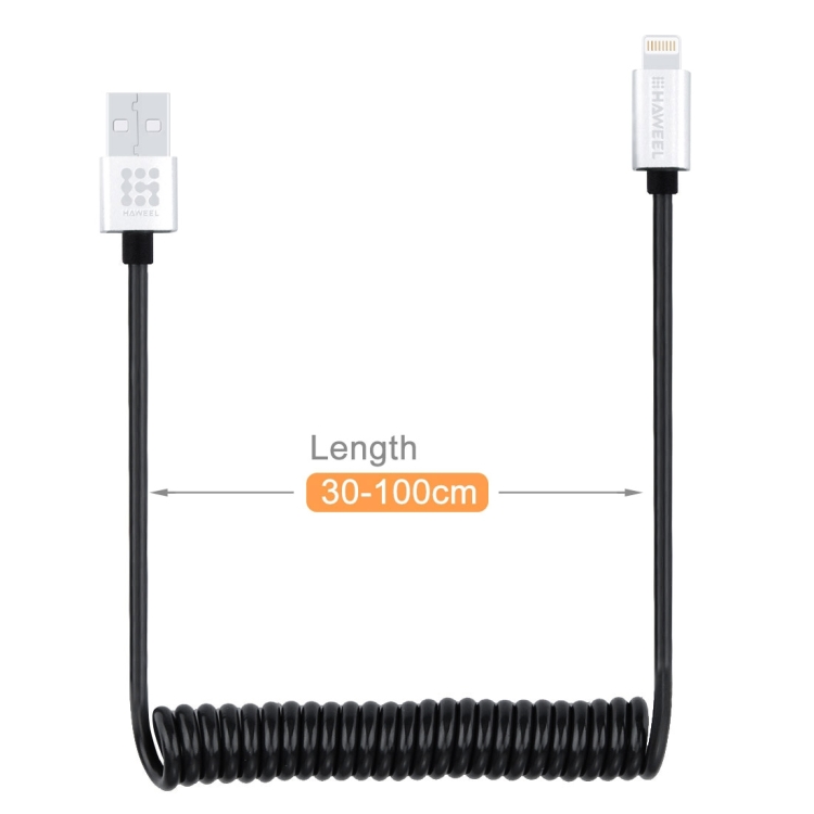 HAWEEL 2A 8 Pin to USB 2.0 Retractable Coiled Data Sync Charging Cable, Stretch Length: 30cm-100cm HAWEEL 2A 8 Pin to USB 2.0 Retractable Coiled Data Sync Charging Cable, Stretch Length: 30cm-100cm