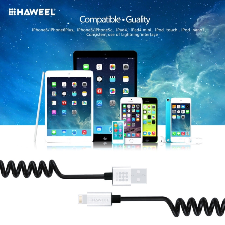HAWEEL 2A 8 Pin to USB 2.0 Retractable Coiled Data Sync Charging Cable, Stretch Length: 30cm-100cm HAWEEL 2A 8 Pin to USB 2.0 Retractable Coiled Data Sync Charging Cable, Stretch Length: 30cm-100cm