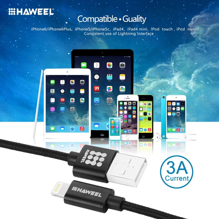HAWEEL 1m Nylon Woven Metal Head 3A 8 Pin to USB 2.0 Sync Data Charging Cable for iPhone, iPad(Black) HAWEEL 1m Nylon Woven Metal Head 3A 8 Pin to USB 2.0 Sync Data Charging Cable for iPhone, iPad(Black)