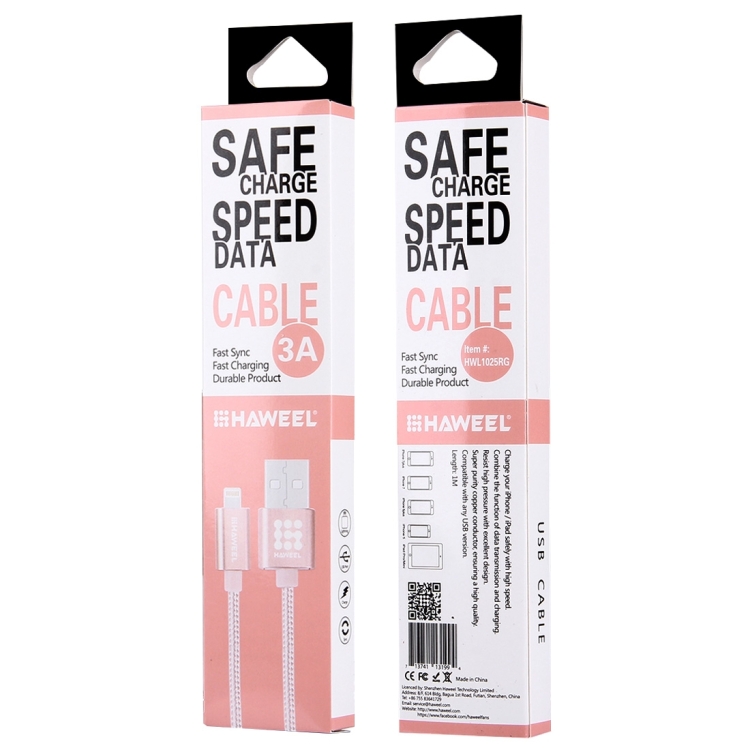 HAWEEL 1m Nylon Woven Metal Head 3A 8 Pin to USB 2.0 Sync Data Charging Cable for iPhone, iPad(Rose Gold) HAWEEL 1m Nylon Woven Metal Head 3A 8 Pin to USB 2.0 Sync Data Charging Cable for iPhone, iPad(Rose Gold)