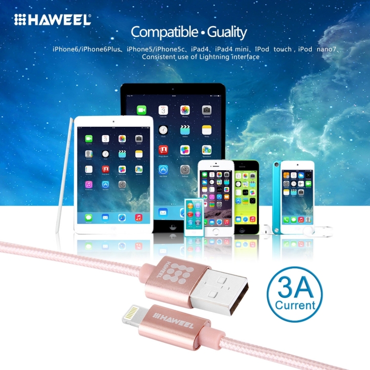 HAWEEL 1m Nylon Woven Metal Head 3A 8 Pin to USB 2.0 Sync Data Charging Cable for iPhone, iPad(Rose Gold) HAWEEL 1m Nylon Woven Metal Head 3A 8 Pin to USB 2.0 Sync Data Charging Cable for iPhone, iPad(Rose Gold)