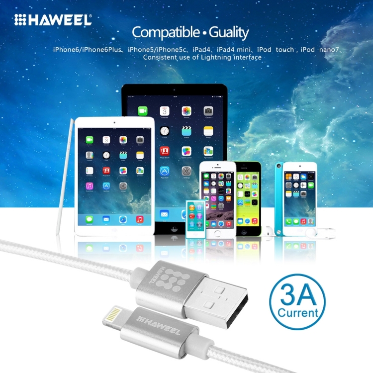 HAWEEL 1m Nylon Woven Metal Head 3A 8 Pin to USB 2.0 Sync Data Charging Cable for iPhone, iPad(Silver) HAWEEL 1m Nylon Woven Metal Head 3A 8 Pin to USB 2.0 Sync Data Charging Cable for iPhone, iPad(Silver)