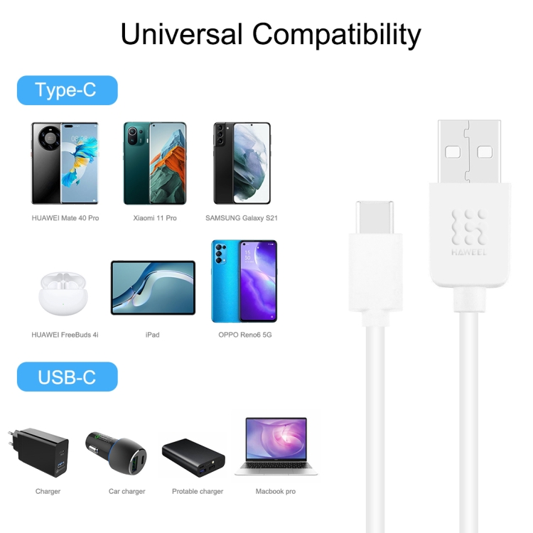 HAWEEL 3m USB-C / Type-C to USB 2.0 Data & Charging Cable(White) - 4