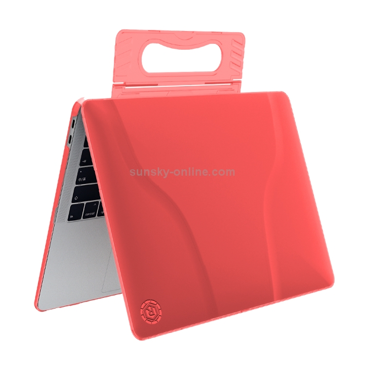 Multi-function Ultra-thin Translucent Heat Dissipation Laptop PC Protective Case for MacBook Air 13.3 inch(2018), with Holder & Handle & Slip-resistant Feet(Red)