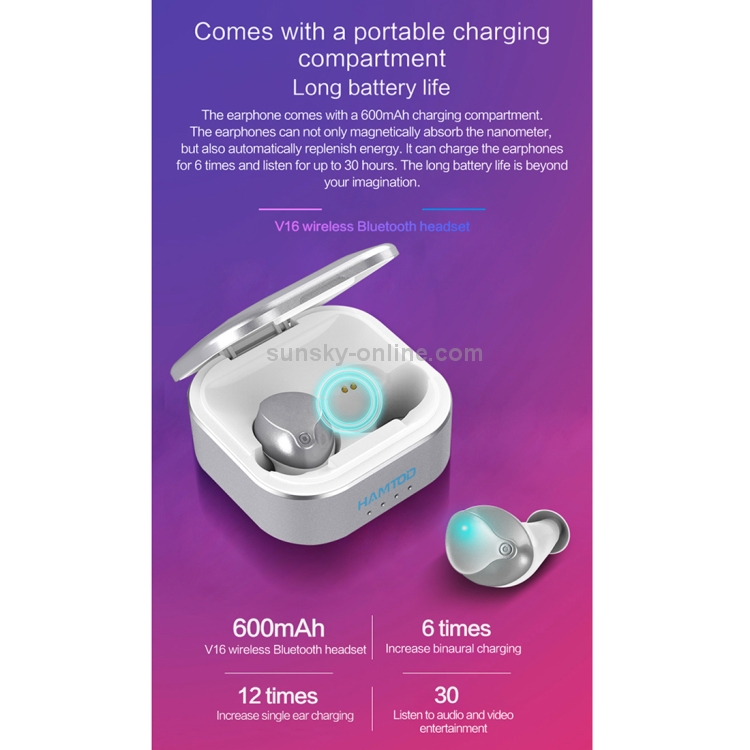 HAMTOD V16 TWS Bluetooth 5.0 Wireless Bluetooth Earphone with Charging Box, Support HD Call & Siri(Silver)