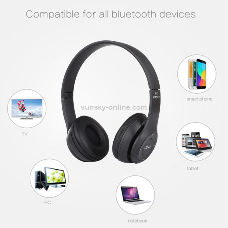 Casque Bluetooth sans fil pliable P47 avec prise audio 3,5 mm, prise en  charge MP3 / FM / appel (noir)