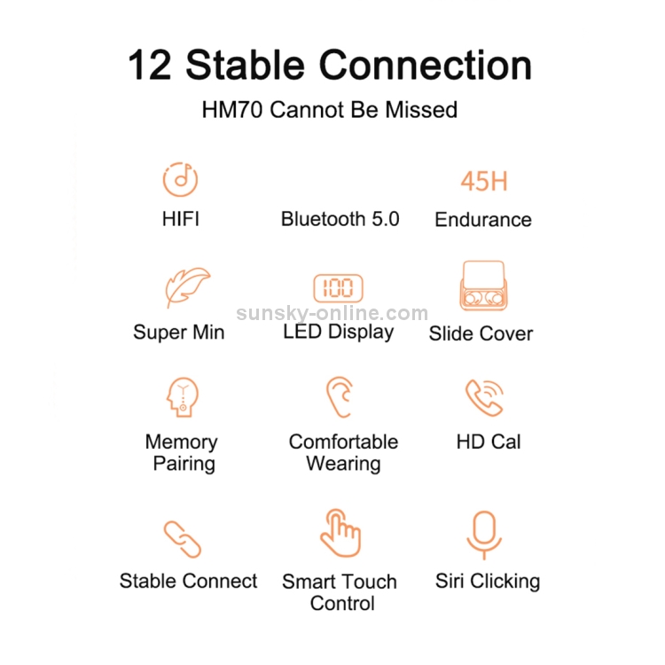 HM70 TWS Bluetooth 5.0 Touch Wireless Bluetooth Earphone with Sliding Cover Magnetic Charging Box & Three LED Power Displays, Support HD Call & Siri(White)