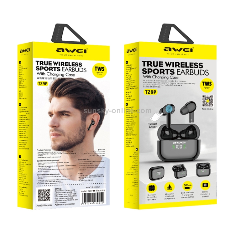 awei T29P Bluetooth V5.0 LED Digital Display Ture Wireless Sports IPX4 Waterproof TWS Headset with Charging Case awei T29P Bluetooth V5.0 LED Digital Display Ture Wireless Sports IPX4 Waterproof TWS Headset with Charging Case