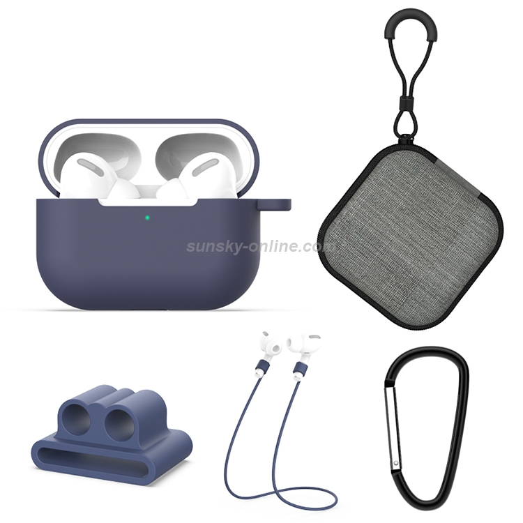 Para AirPods Pro 5 en 1 Funda protectora de silicona para auriculares +  Bolsa para auriculares + Hebilla para auriculares + Gancho + Juego de  cuerdas antipérdida (Azul)