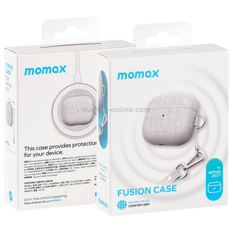 MOMAX FT9A PC + Leather Cloth Texture Earphone Protective Case with Lanyard for AirPods 3(Light Grey) MOMAX FT9A PC + Leather Cloth Texture Earphone Protective Case with Lanyard for AirPods 3(Light Grey)