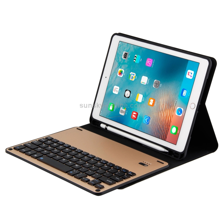 FT-1038E Detachable Bluetooth 3.0 Aluminum Alloy Keyboard + Lambskin Texture Leather Tablet Case for iPad Air / Air 2 / iPad Pro 9.7 inch, with Pen Slot / Water Repellent / Three-gear Angle Adjustment / Magnetic / Sleep Function (Gold) FT-1038E Detachable Bluetooth 3.0 Aluminum Alloy Keyboard + Lambskin Texture Leather Tablet Case for iPad Air / Air 2 / iPad Pro 9.7 inch, with Pen Slot / Water Repellent / Three-gear Angle Adjustment / Magnetic / Sleep Function (Gold)