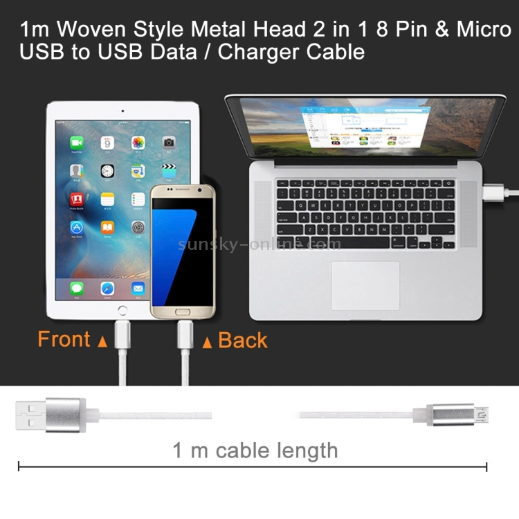 2 in 1 Round Wire 1m Micro USB & 8 Pin to USB Data / Charger Cable 2 in 1 Round Wire 1m Micro USB & 8 Pin to USB Data / Charger Cable