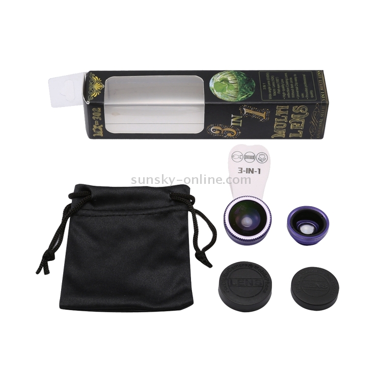 3 in 1 Universal 185 Degrees Fisheye Lens + 0.65X Super Wide Angle + 10X Macro Lens with Clip & Carrying Bag for iPhone, Samsung, HTC, Sony, Huawei, Xiaomi, Meizu(Purple) 3 in 1 Universal 185 Degrees Fisheye Lens + 0.65X Super Wide Angle + 10X Macro Lens with Clip & Carrying Bag for iPhone, Samsung, HTC, Sony, Huawei, Xiaomi, Meizu(Purple)