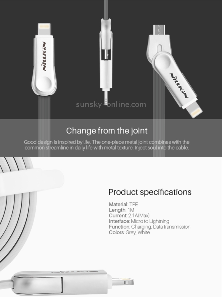 NILLKIN 1m 2.1A Plus III Cable 8 Pin(Double Sided Reverse Plug) & Micro USB to USB 2.0 Soft TPE Data Sync Charging Cable NILLKIN 1m 2.1A Plus III Cable 8 Pin(Double Sided Reverse Plug) & Micro USB to USB 2.0 Soft TPE Data Sync Charging Cable
