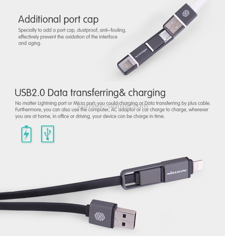 NILLKIN 1.2m 2.1A Plus Cable 8 Pin & Micro USB to USB 2.0 Soft TPE Data Sync Charging Cable with Additional Port Cap & String Bandage for iPhone & iPad & iPod & Samsung & LG & Huawei & Xiaomi & Meizu & OPPO(White) NILLKIN 1.2m 2.1A Plus Cable 8 Pin & Micro USB to USB 2.0 Soft TPE Data Sync Charging Cable with Additional Port Cap & String Bandage for iPhone & iPad & iPod & Samsung & LG & Huawei & Xiaomi & Meizu & OPPO(White)
