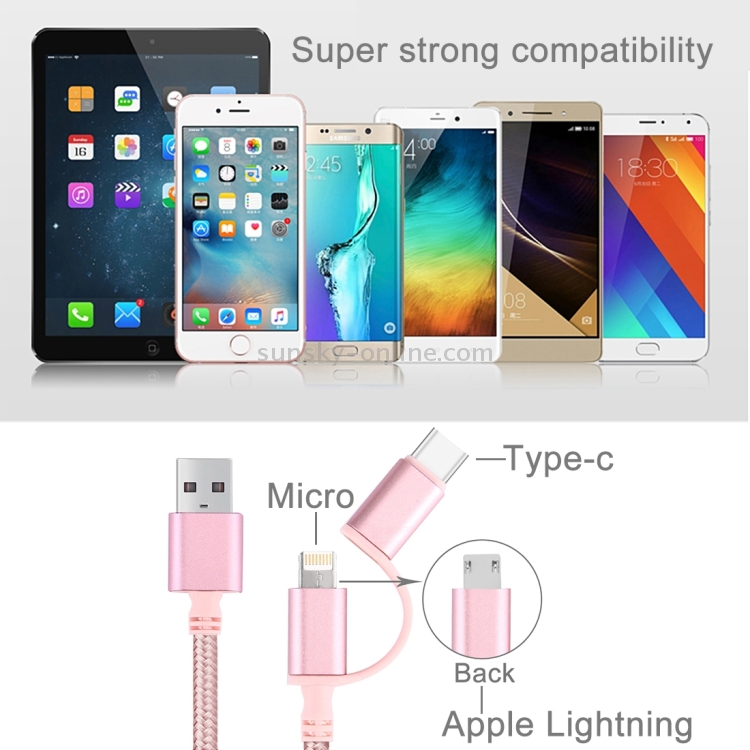1m 3 in 1 Woven Style 8 Pin & USB-C / Type-C 3.1 & Micro USB to USB 2.0 Data / Charging Cable 1m 3 in 1 Woven Style 8 Pin & USB-C / Type-C 3.1 & Micro USB to USB 2.0 Data / Charging Cable