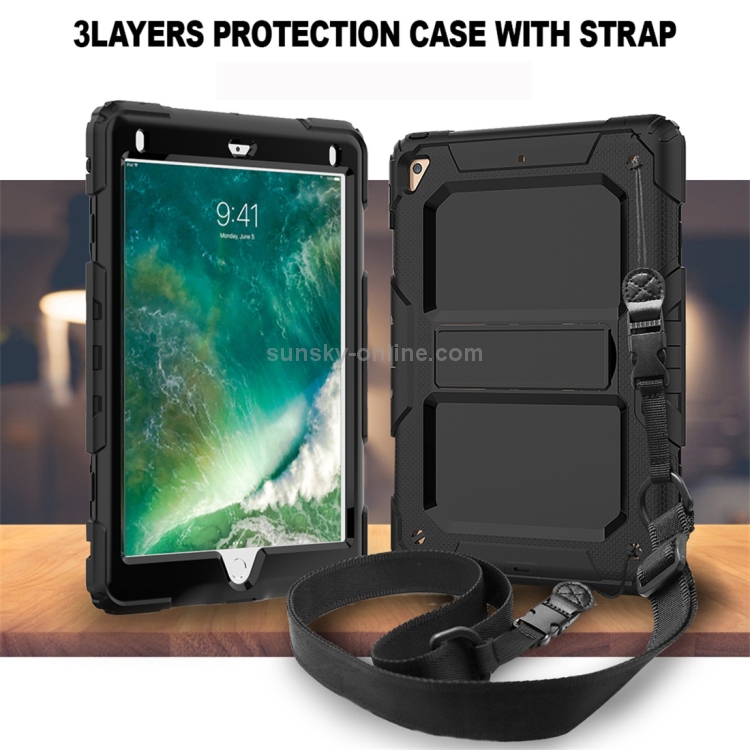 Shockproof PC + Silica Gel Protective Case for iPad 9.7 (2018), with Holder & Shoulder Strap(Black) Shockproof PC + Silica Gel Protective Case for iPad 9.7 (2018), with Holder & Shoulder Strap(Black)
